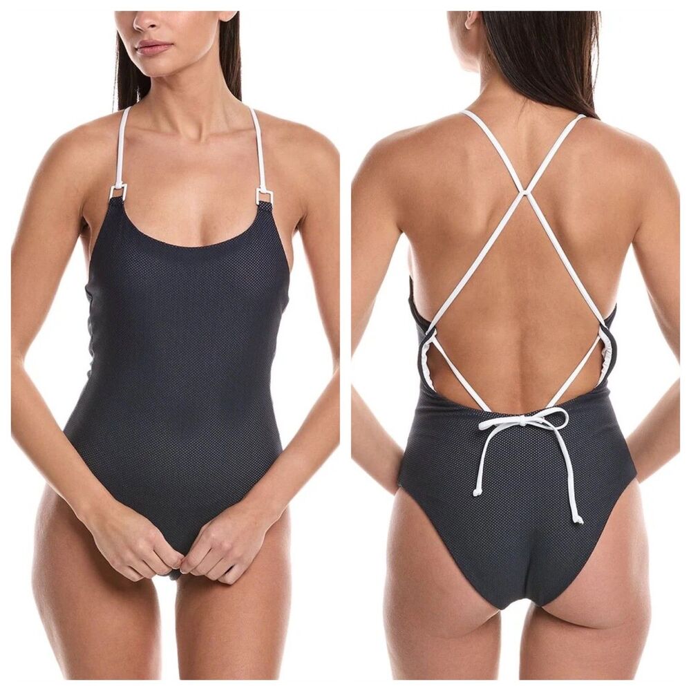 NWT Onia Anya One Piece Lace Up Swimsuit in Crochet Mesh Deep Navy Blue & White